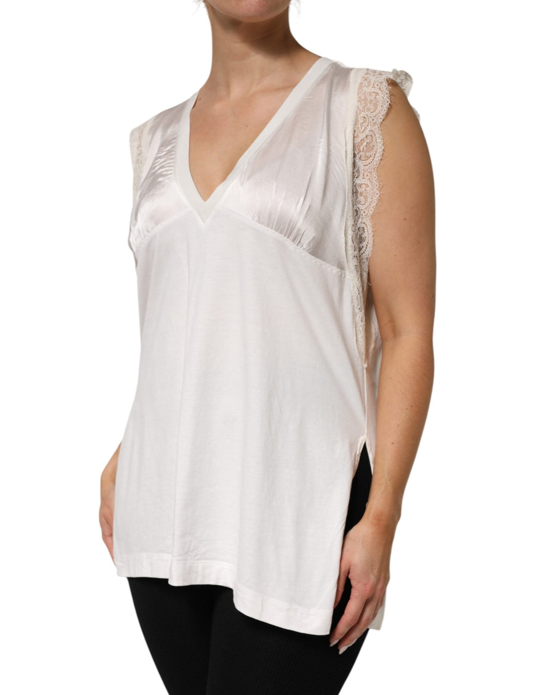 PINKO Blouses - White Silk Blend Lace Trim Sleeveless V-Neck Women’s Top