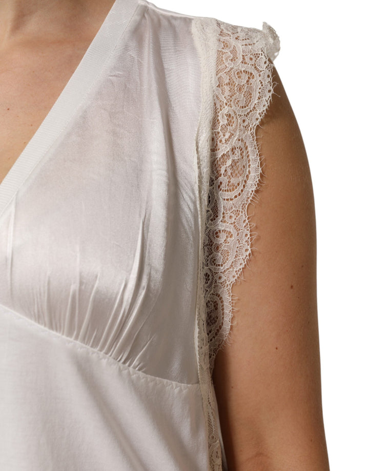 PINKO Blouses - White Silk Blend Lace Trim Sleeveless V-Neck Women’s Top