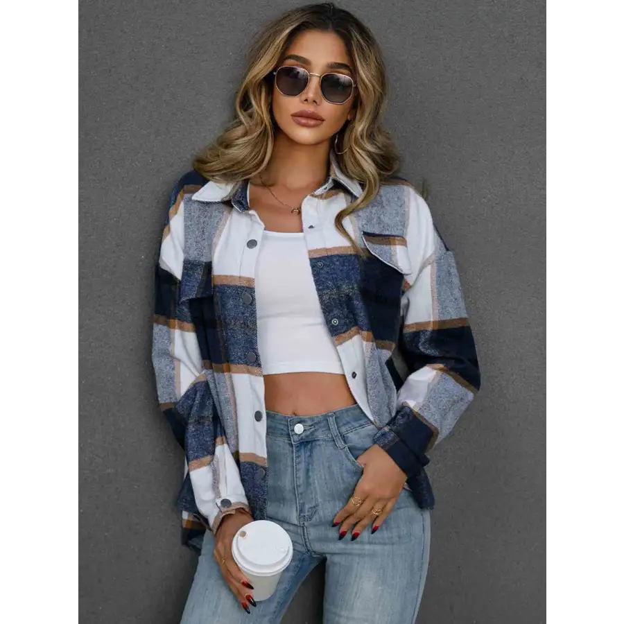 Elevate Your Style with Our Plaid Collared Neck Button Down Jacket Clothing Tops Trendsi