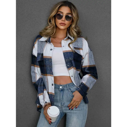 Elevate Your Style with Our Plaid Collared Neck Button Down Jacket Clothing Tops Trendsi