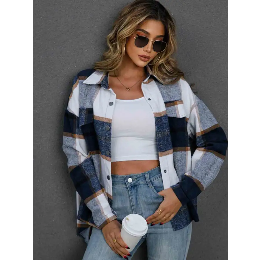 Elevate Your Style with Our Plaid Collared Neck Button Down Jacket Clothing Tops Trendsi