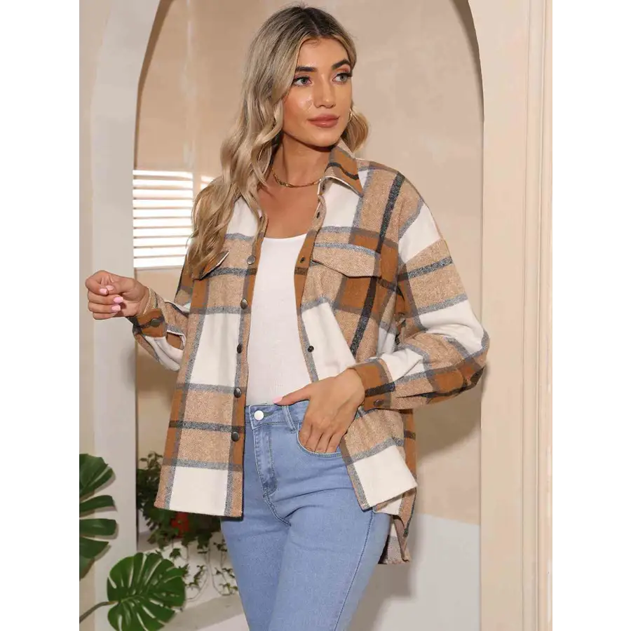 Elevate Your Style with Our Plaid Collared Neck Button Down Jacket Clothing Tops Trendsi