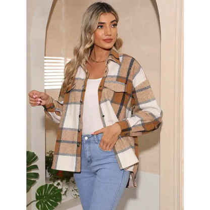 Elevate Your Style with Our Plaid Collared Neck Button Down Jacket Clothing Tops Trendsi