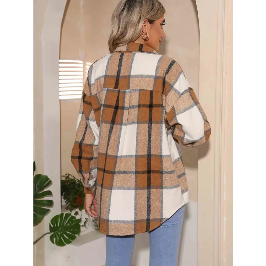 Elevate Your Style with Our Plaid Collared Neck Button Down Jacket Clothing Tops Trendsi