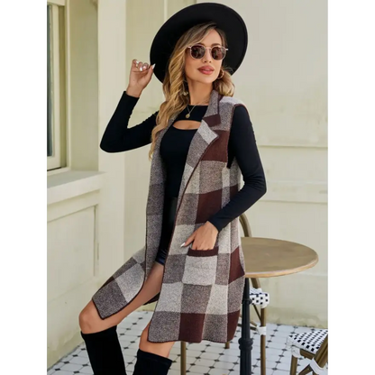 Mesmerizing Plaid Lapel Collar Sleeveless Cardigan for Timeless Charm Clothing Tops Trendsi