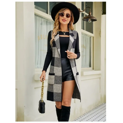 Mesmerizing Plaid Lapel Collar Sleeveless Cardigan for Timeless Charm Clothing Tops Trendsi