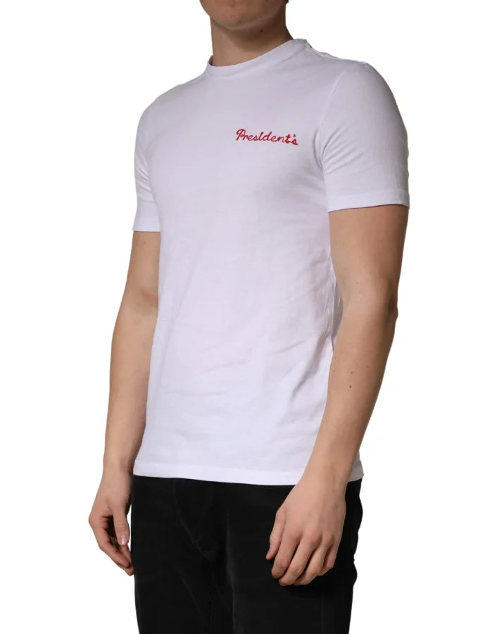 President’s White Logo Embroidery Cotton Men Crew Neck T-shirt