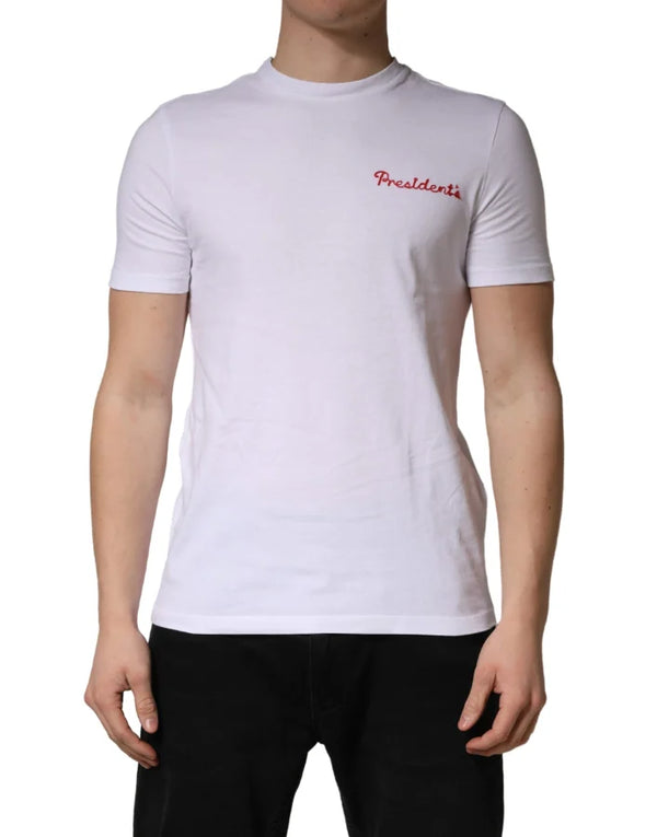 President’s White Logo Embroidery Cotton Men Crew Neck T-shirt