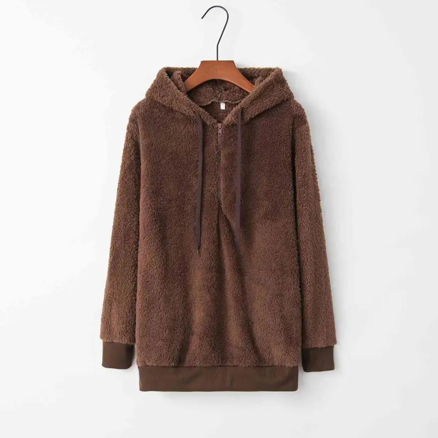 Cozy Quarter Zip Drawstring Teddy Hoodie in Soft Plush Materials Clothing Tops Trendsi