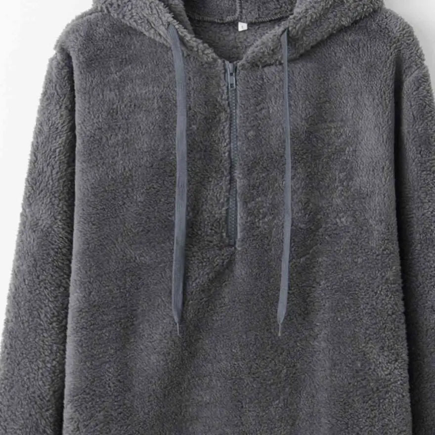 Cozy Quarter Zip Drawstring Teddy Hoodie in Soft Plush Materials Clothing Tops Trendsi