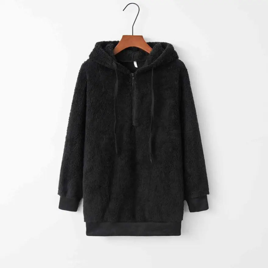 Cozy Quarter Zip Drawstring Teddy Hoodie in Soft Plush Materials Clothing Tops Trendsi