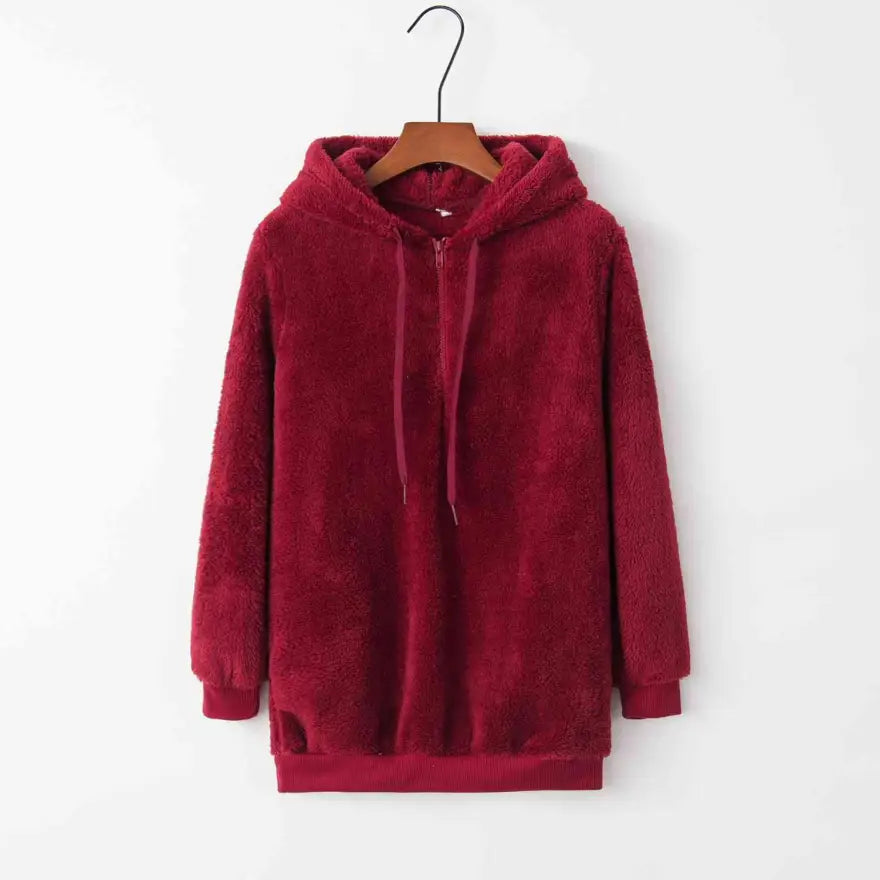 Cozy Quarter Zip Drawstring Teddy Hoodie in Soft Plush Materials Clothing Tops Trendsi