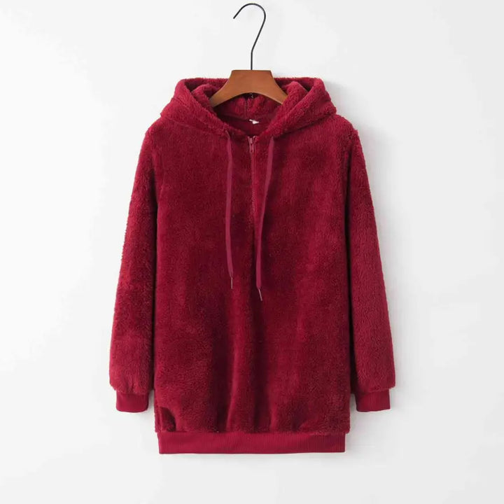 Cozy Quarter Zip Drawstring Teddy Hoodie in Soft Plush Materials Clothing Tops Trendsi