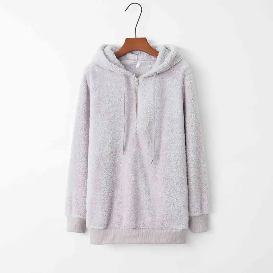 Cozy Quarter Zip Drawstring Teddy Hoodie in Soft Plush Materials Clothing Tops Trendsi