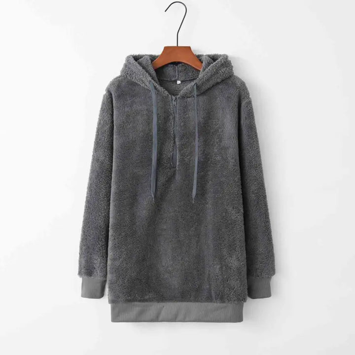 Cozy Quarter Zip Drawstring Teddy Hoodie in Soft Plush Materials Clothing Tops Trendsi