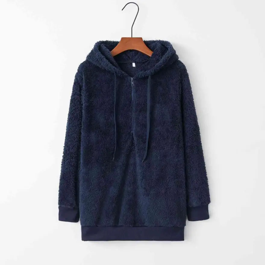 Cozy Quarter Zip Drawstring Teddy Hoodie in Soft Plush Materials Clothing Tops Trendsi