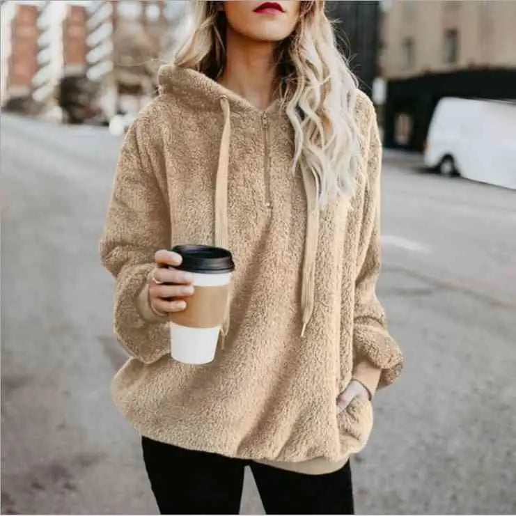 Cozy Quarter Zip Drawstring Teddy Hoodie in Soft Plush Materials Clothing Tops Trendsi
