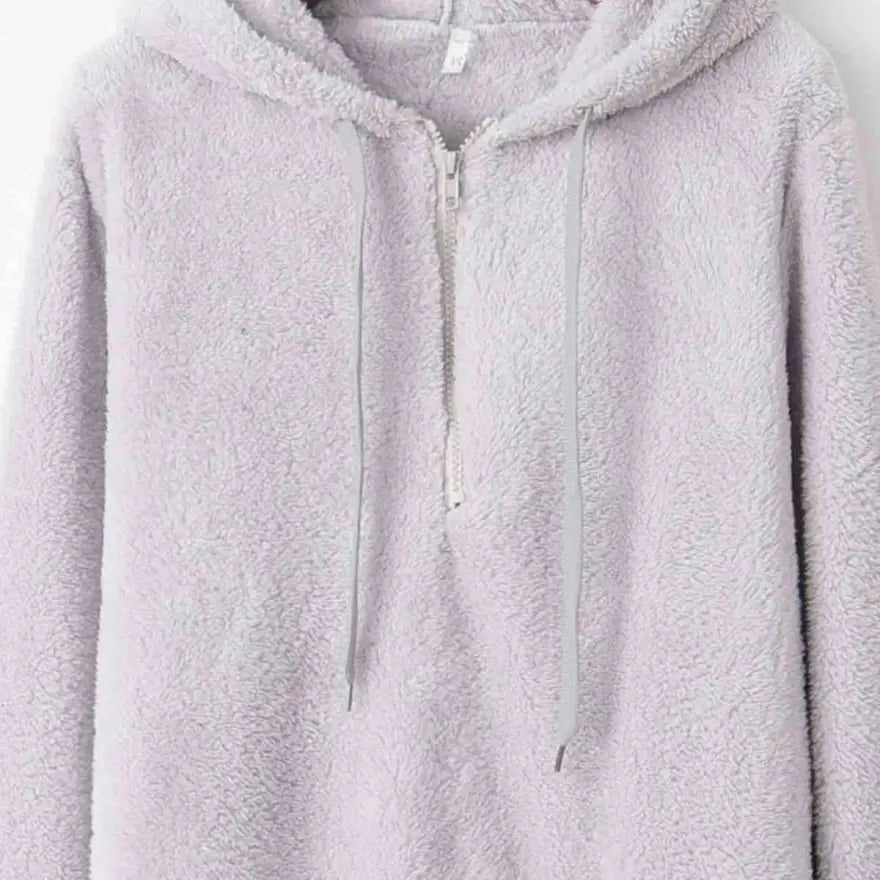 Cozy Quarter Zip Drawstring Teddy Hoodie in Soft Plush Materials Clothing Tops Trendsi