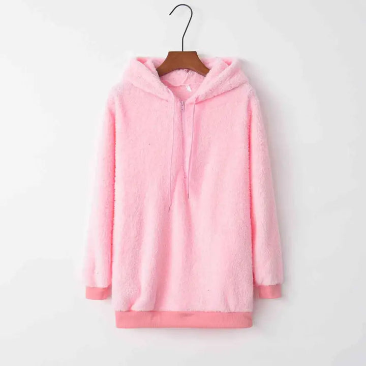 Cozy Quarter Zip Drawstring Teddy Hoodie in Soft Plush Materials Clothing Tops Trendsi