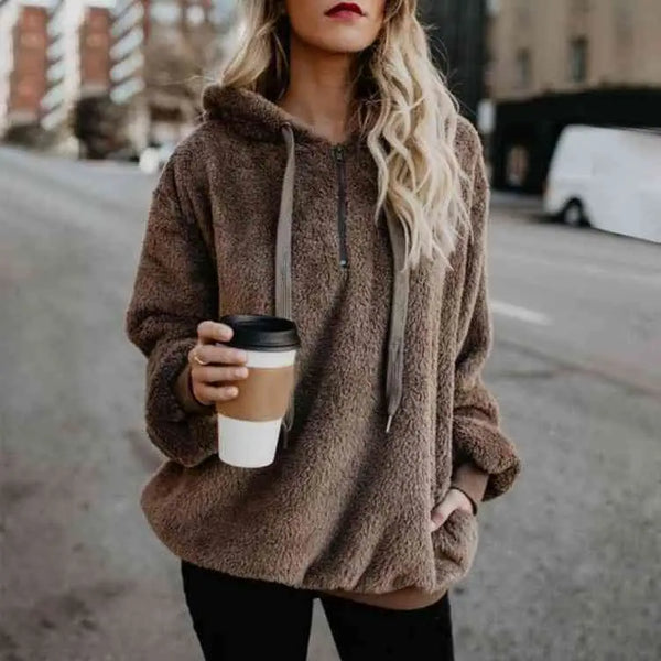 Cozy Quarter Zip Drawstring Teddy Hoodie in Soft Plush Materials Clothing Tops Trendsi