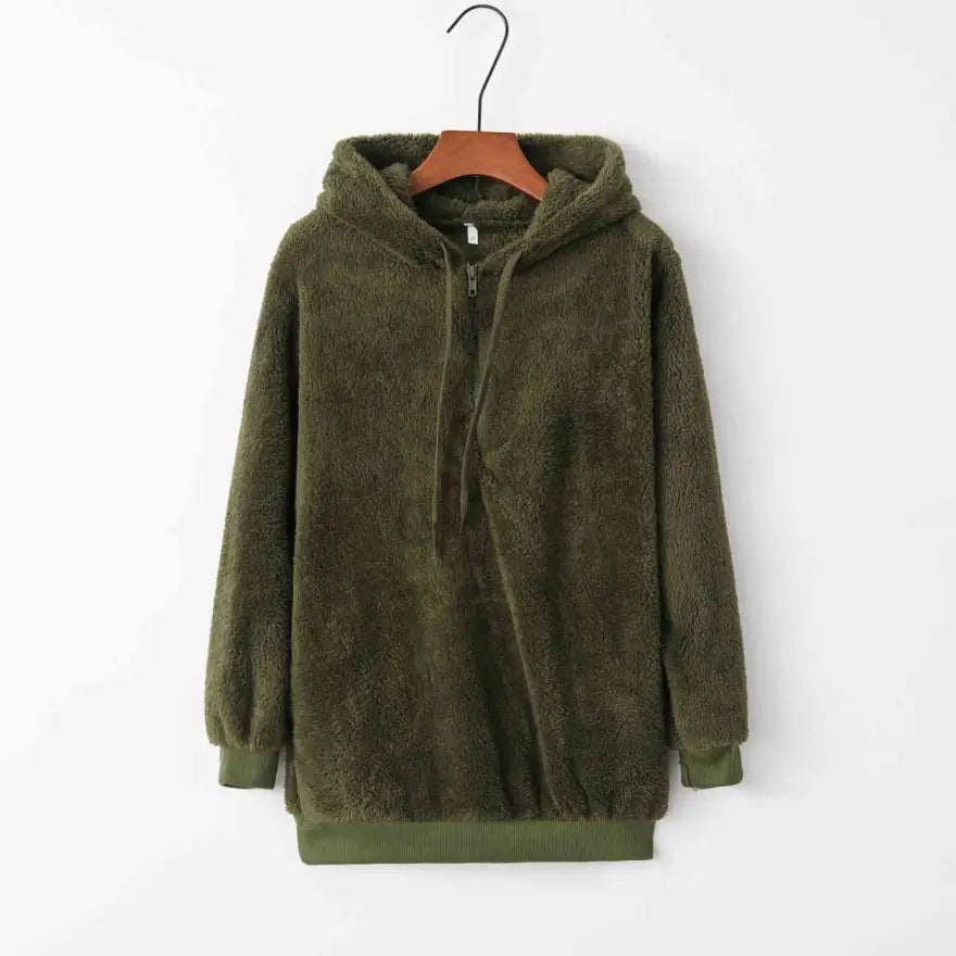 Cozy Quarter Zip Drawstring Teddy Hoodie in Soft Plush Materials Clothing Tops Trendsi