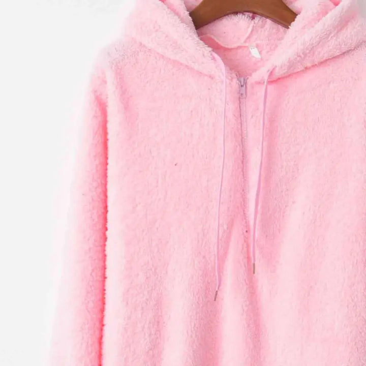 Cozy Quarter Zip Drawstring Teddy Hoodie in Soft Plush Materials Clothing Tops Trendsi