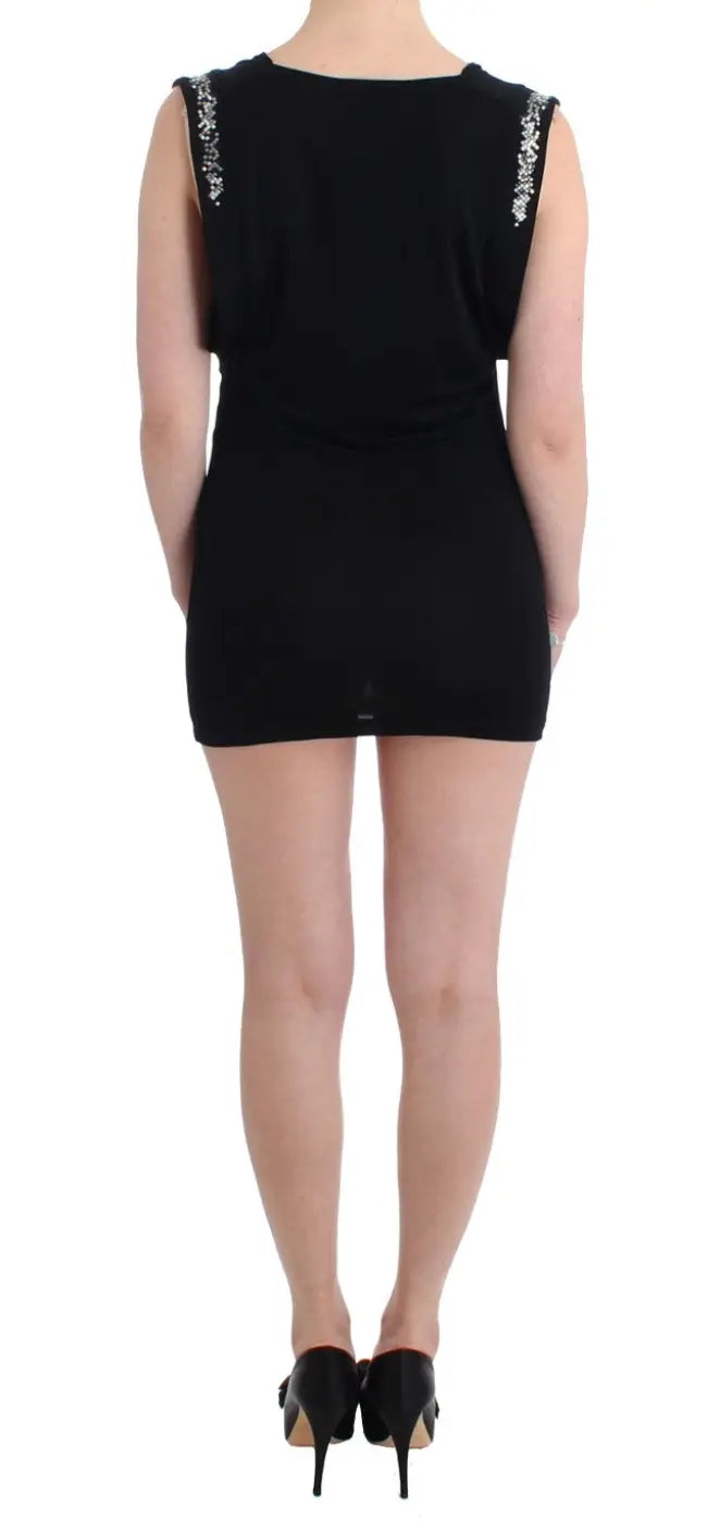 Roccobarocco Black Embellished Jersey Mini Sheath Short Dress women’s dress