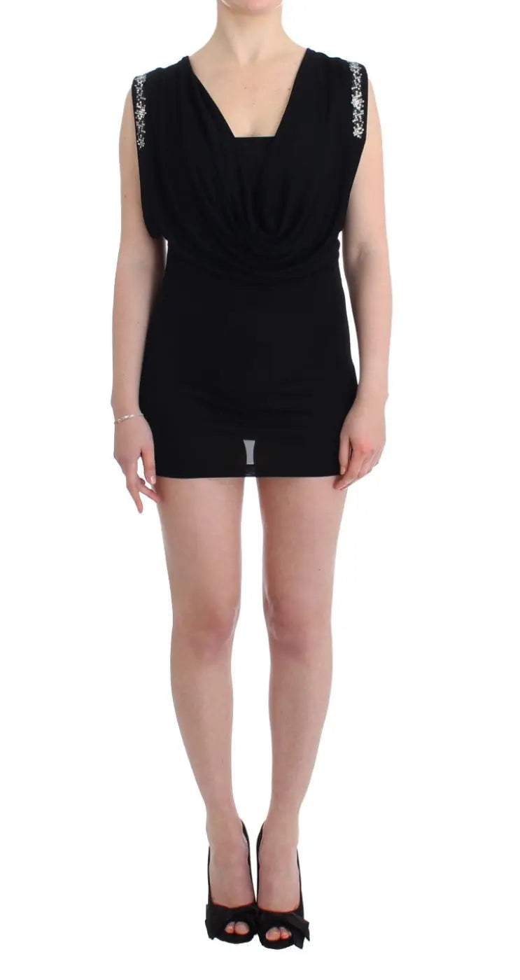 Roccobarocco Black Embellished Jersey Mini Sheath Short Dress women’s dress