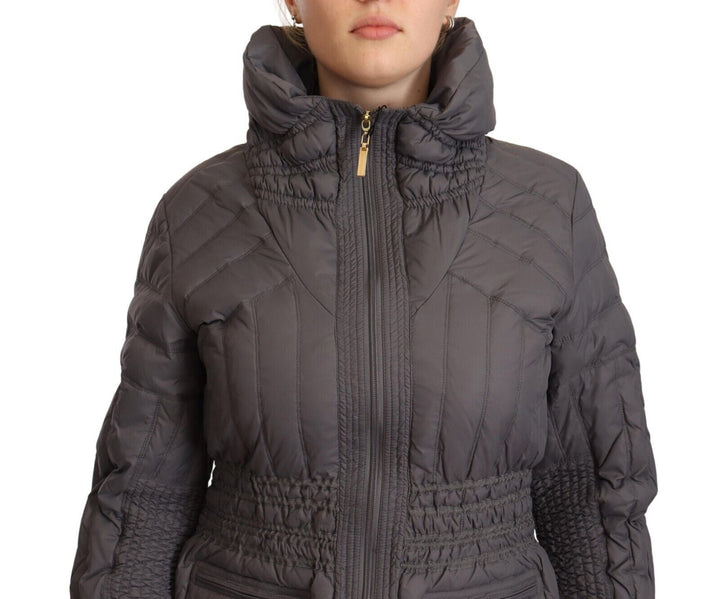 Roccobarocco Puffer Jackets - Gray Quilted Long Sleeves Logo Patch Full Zip Jacket