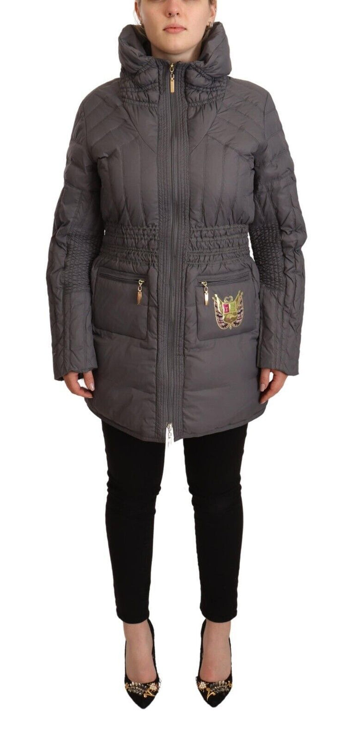 Roccobarocco Puffer Jackets - Gray Quilted Long Sleeves Logo Patch Full Zip Jacket