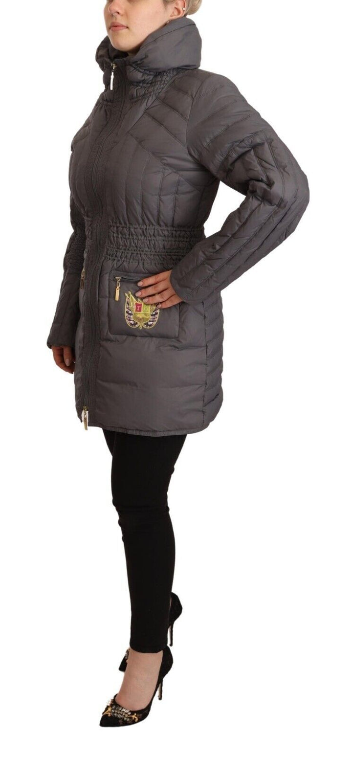 Roccobarocco Puffer Jackets - Gray Quilted Long Sleeves Logo Patch Full Zip Jacket