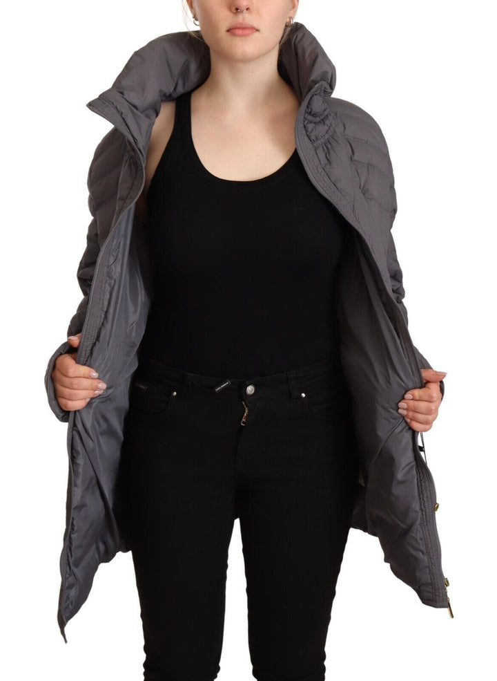 Roccobarocco Puffer Jackets - Gray Quilted Long Sleeves Logo Patch Full Zip Jacket
