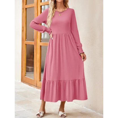 Round Neck Lantern Sleeve Ruffle Hem Dress Clothing Tops Trendsi