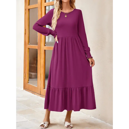 Round Neck Lantern Sleeve Ruffle Hem Dress Clothing Tops Trendsi