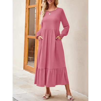 Round Neck Lantern Sleeve Ruffle Hem Dress Clothing Tops Trendsi