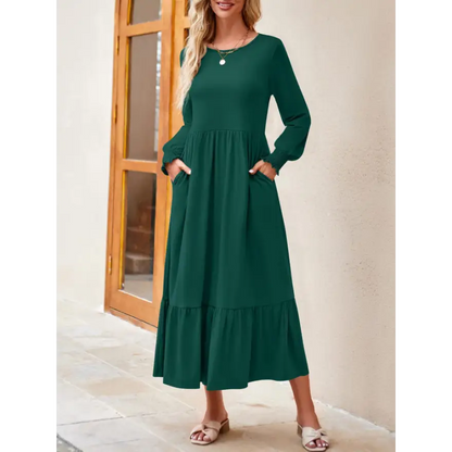 Round Neck Lantern Sleeve Ruffle Hem Dress Clothing Tops Trendsi