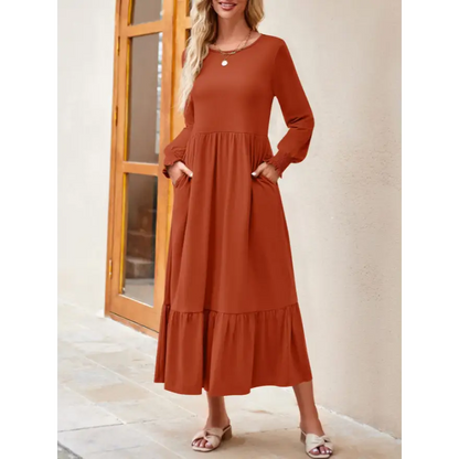 Round Neck Lantern Sleeve Ruffle Hem Dress Clothing Tops Trendsi