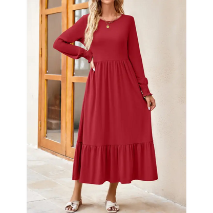 Round Neck Lantern Sleeve Ruffle Hem Dress Clothing Tops Trendsi