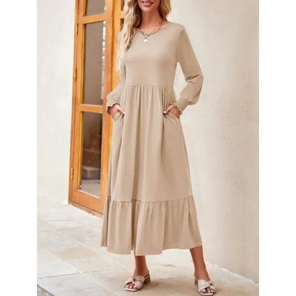 Round Neck Lantern Sleeve Ruffle Hem Dress Clothing Tops Trendsi