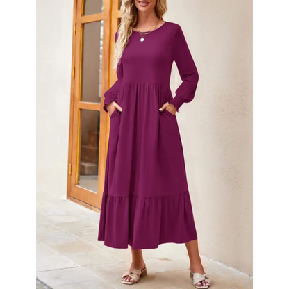 Round Neck Lantern Sleeve Ruffle Hem Dress Clothing Tops Trendsi