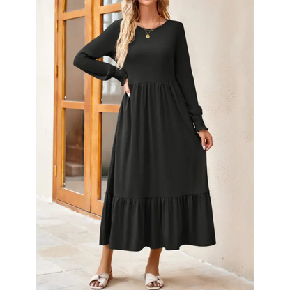 Round Neck Lantern Sleeve Ruffle Hem Dress Clothing Tops Trendsi