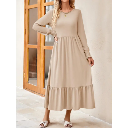 Round Neck Lantern Sleeve Ruffle Hem Dress Clothing Tops Trendsi