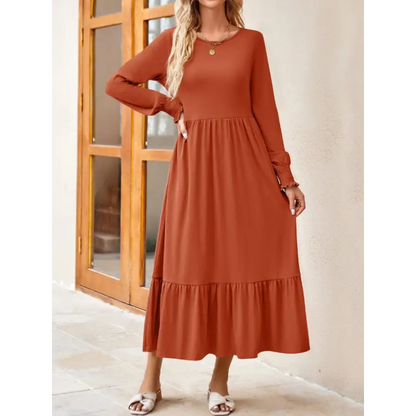 Round Neck Lantern Sleeve Ruffle Hem Dress Clothing Tops Trendsi