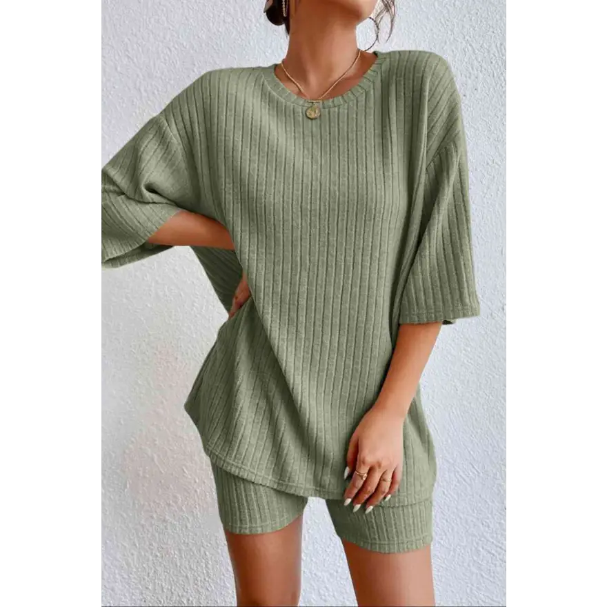 Chic Ribbed Lounge Set with Round Neck Comfort Clothing Tops Trendsi