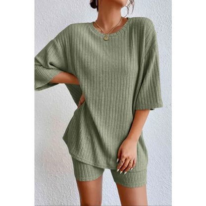 Chic Ribbed Lounge Set with Round Neck Top and Shorts for Ultimate Comfort Clothing Tops Trendsi