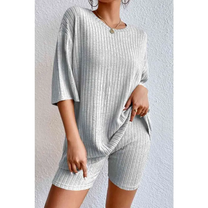 Chic Ribbed Lounge Set with Round Neck Comfort Clothing Tops Trendsi