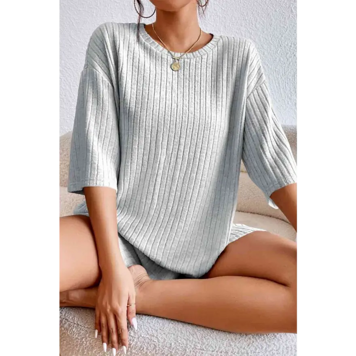 Chic Ribbed Lounge Set with Round Neck Comfort Clothing Tops Trendsi