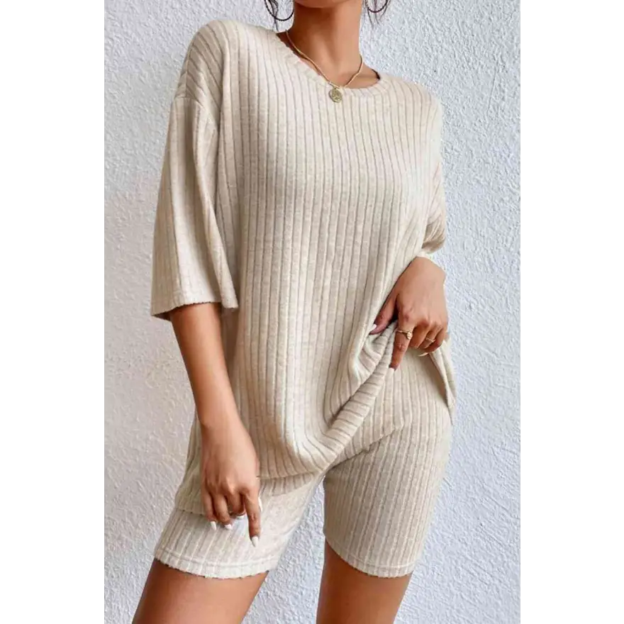 Chic Ribbed Lounge Set with Round Neck Comfort Clothing Tops Trendsi