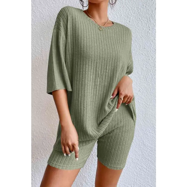 Chic Ribbed Lounge Set with Round Neck Comfort Clothing Tops Trendsi