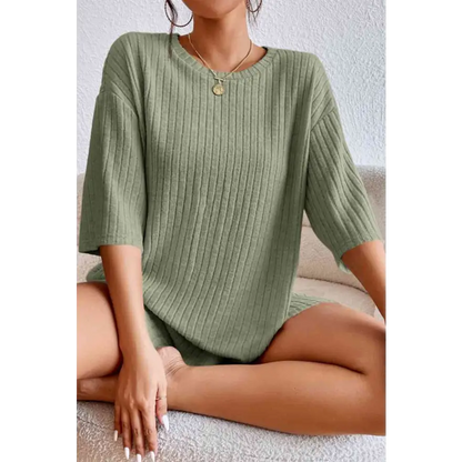 Chic Ribbed Lounge Set with Round Neck Top and Shorts for Ultimate Comfort Clothing Tops Trendsi